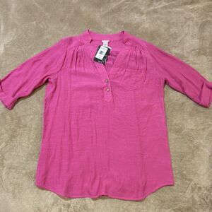 NWT Wearabouts Women's Pink Linen V-Neck Button 3/4 Sleeve Tunic Blouse Size M